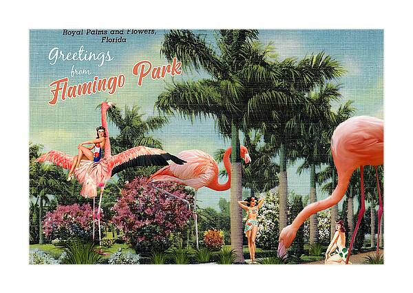 “Greetings From Flamingo Park” postcard - Horizontal Art Print