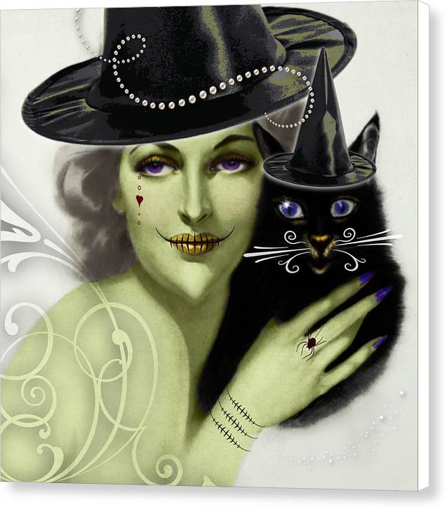 The Witch and Mr. Whiskers - Halloween Canvas Print