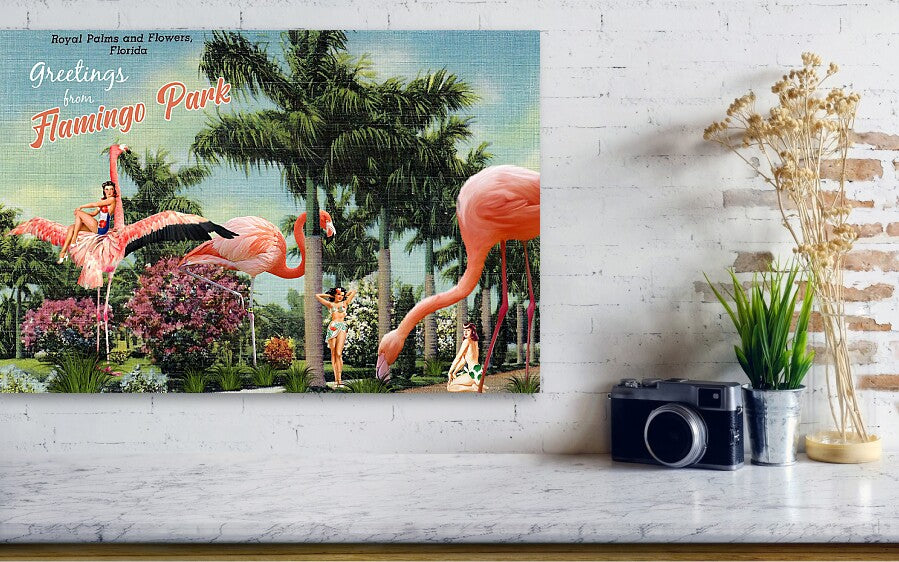 “Greetings From Flamingo Park” postcard - Horizontal Acrylic Print
