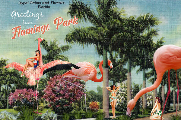 “Greetings From Flamingo Park” postcard - Horizontal Art Print