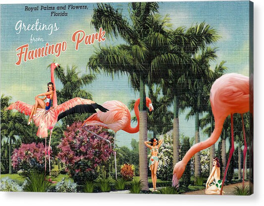 “Greetings From Flamingo Park” postcard - Horizontal Acrylic Print