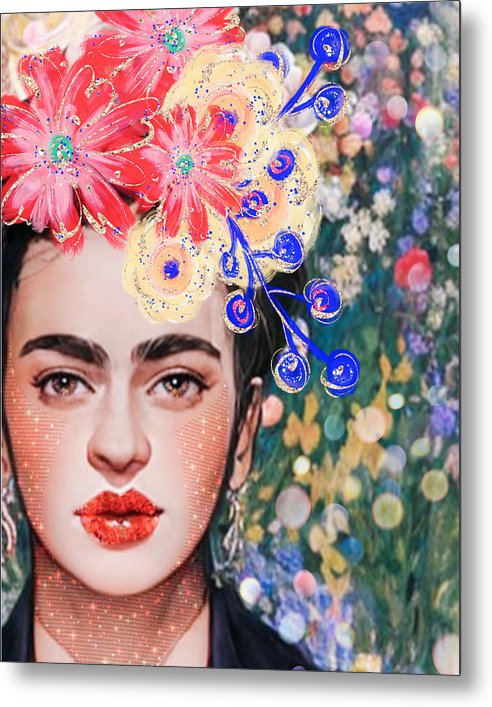 Frida And Her Flowers - Metal Print