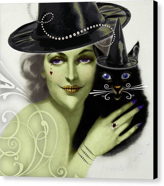 The Witch and Mr. Whiskers - Halloween Canvas Print