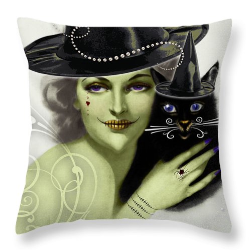 The Witch and Mr. Whiskers - Halloween Throw Pillow